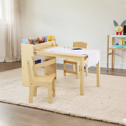 Kids Art Table and 2 Chairs, 2-in-1 Toddler Craft and Play Activity Table, Wood Toddler Table and Chair Set with A Cabinet for Art, Craft, Reading, Learning