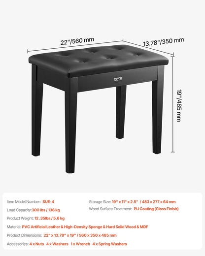 Klaviertastatur-Bank mit Stauraum, gepolsterter Sitz, Holz-Kosmetiktisch, Bücherregal, Hocker