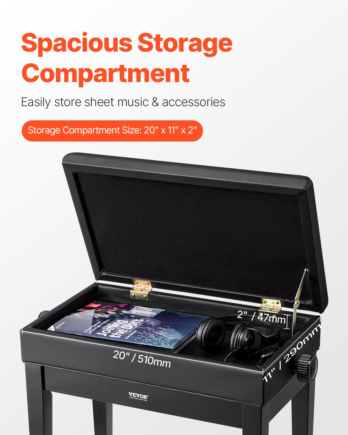 Adjustable Piano Keyboard Bench Storage Padded Seat Wooden Bookcase