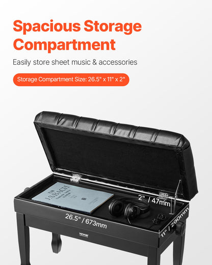 Adjustable Piano Keyboard Bench Storage Padded Seat Wooden Bookcase