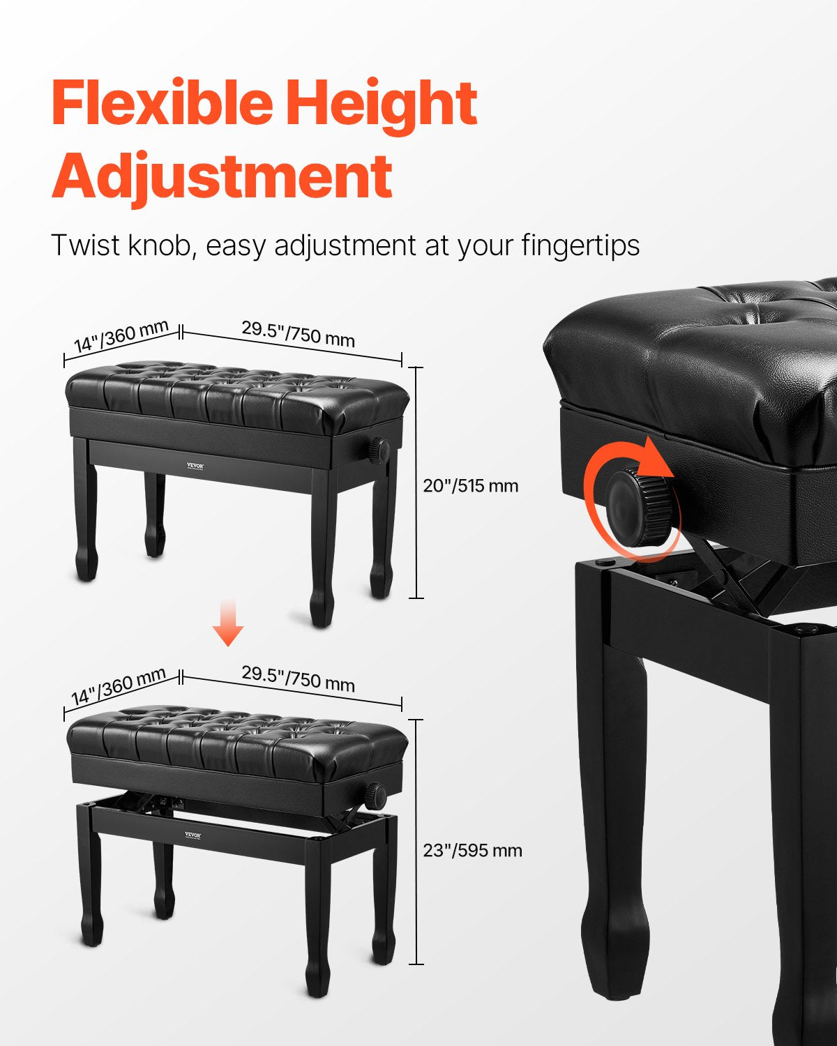 Piano Bench, 29.5" x 14" x 20.3", Duet Keyboard Piano Chair with 20.3"-23.4” Adjustable Height, Padded Cushion, Storage Compartment for Music Books, Wooden Piano Stool Seat, for Vanity, Bedroom