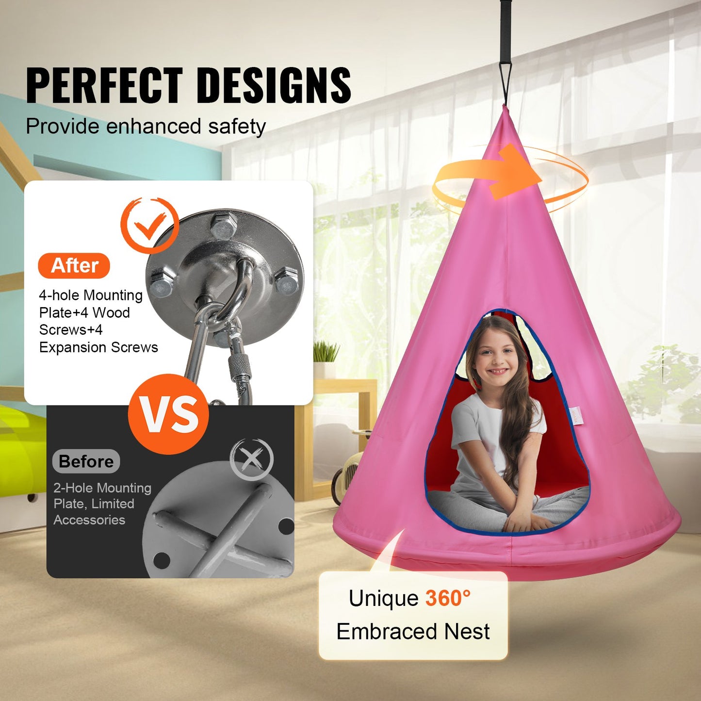 Kids Nest Chair, Hängmatta stol med justerbart rep, Hängmatta stol för barn inomhus och utomhus (39" D x 52" H), 250lbs Viktkapacitet, Rosa