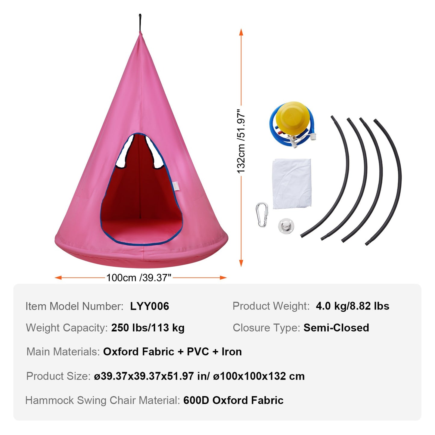 Kids Nest Chair, Hängmatta stol med justerbart rep, Hängmatta stol för barn inomhus och utomhus (39" D x 52" H), 250lbs Viktkapacitet, Rosa