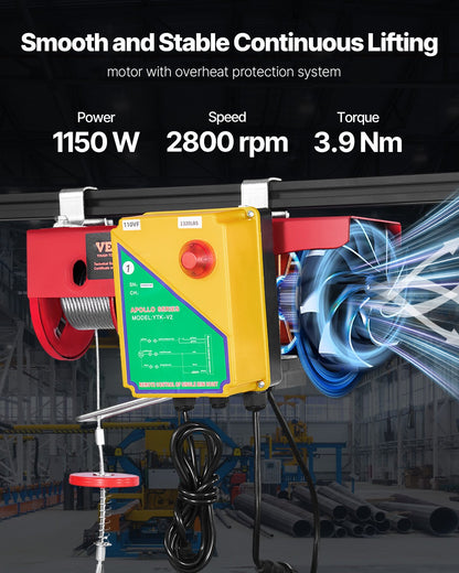 Electric Hoist, 1320 lbs Lifting Capacity, 1150W 110V Electric Steel Wire Winch with Wireless Remote Control, 40ft Single Cable Lifting Height & Pure Copper Motor, for Garage Warehouse Factory