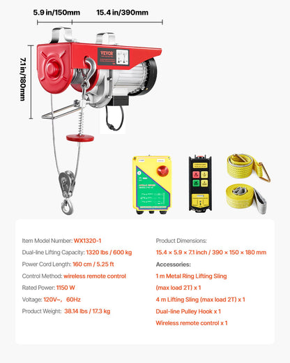 Electric Hoist, 1320 lbs Lifting Capacity, 1150W 110V Electric Steel Wire Winch with Wireless Remote Control, 40ft Single Cable Lifting Height & Pure Copper Motor, for Garage Warehouse Factory