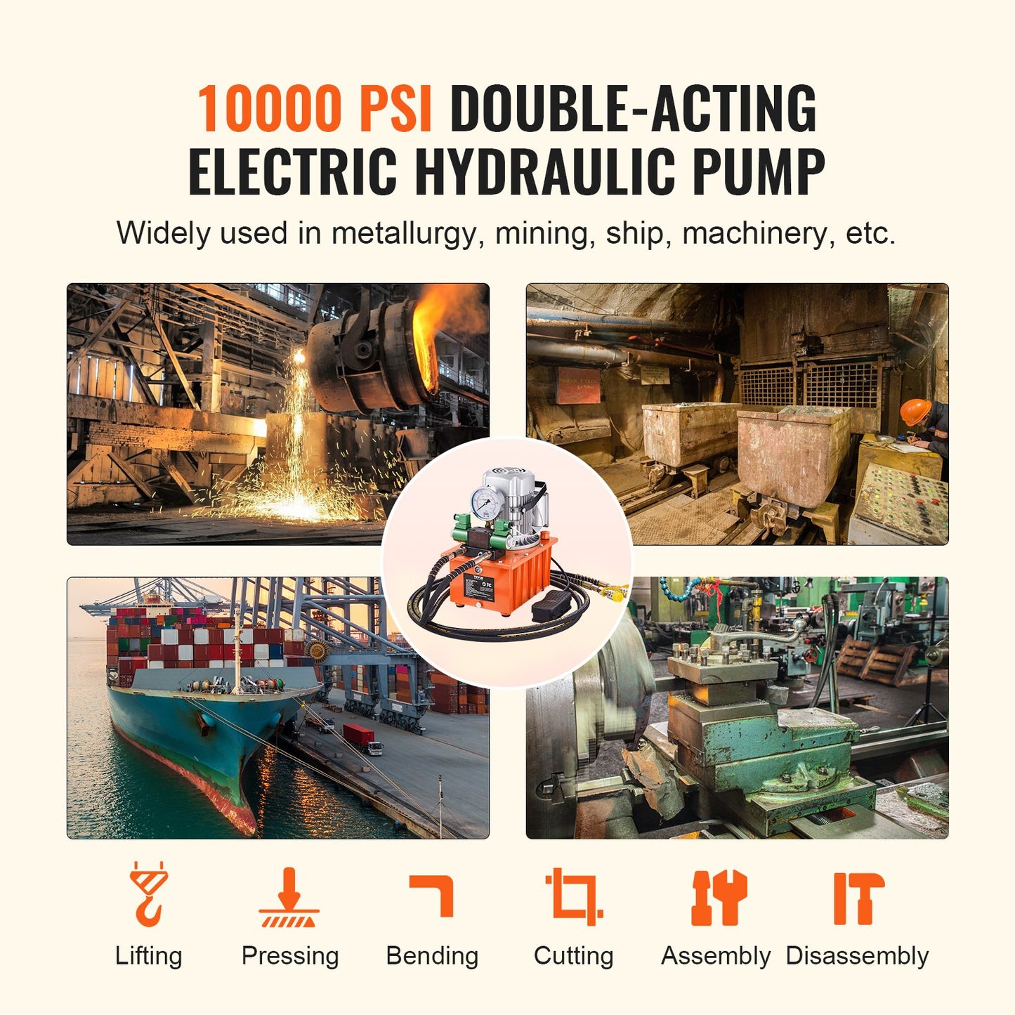 Electric Hydraulic Pump, 10000 PSI 750W 110V 488 in³/8L Capacity, Double Acting Solenoid Valve, Electric Driven Hydraulic Pump Power Pack Unit with Pedal Switch for Punching/Bending/Jack Machine