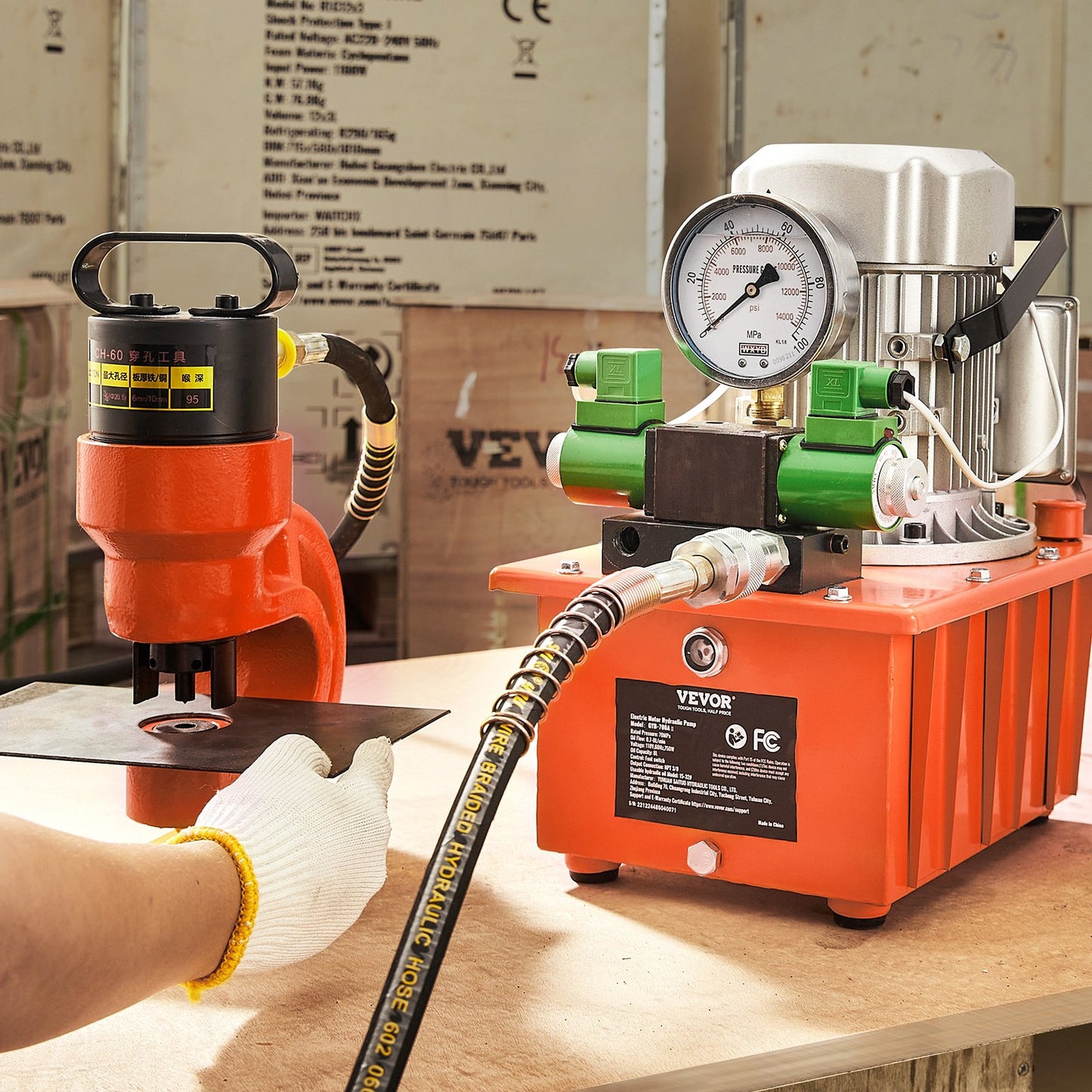 Electric Hydraulic Pump, 10000 PSI 750W 110V 488 in³/8L Capacity, Double Acting Solenoid Valve, Electric Driven Hydraulic Pump Power Pack Unit with Pedal Switch for Punching/Bending/Jack Machine