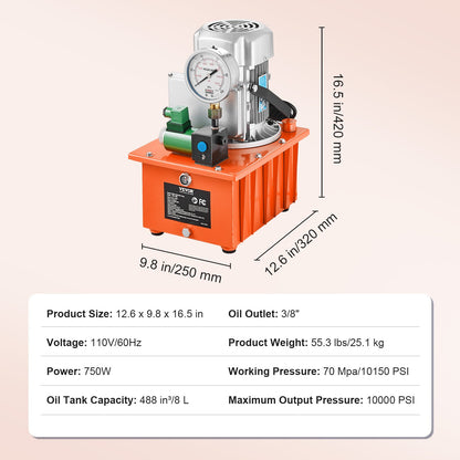 Electric Hydraulic Pump, 10000 PSI 750W 110V 488 in³/8L Capacity, Single Acting Solenoid Valve, Electric Driven Hydraulic Pump Power Pack Unit with Pedal Switch for Punching/Bending/Jack Machine