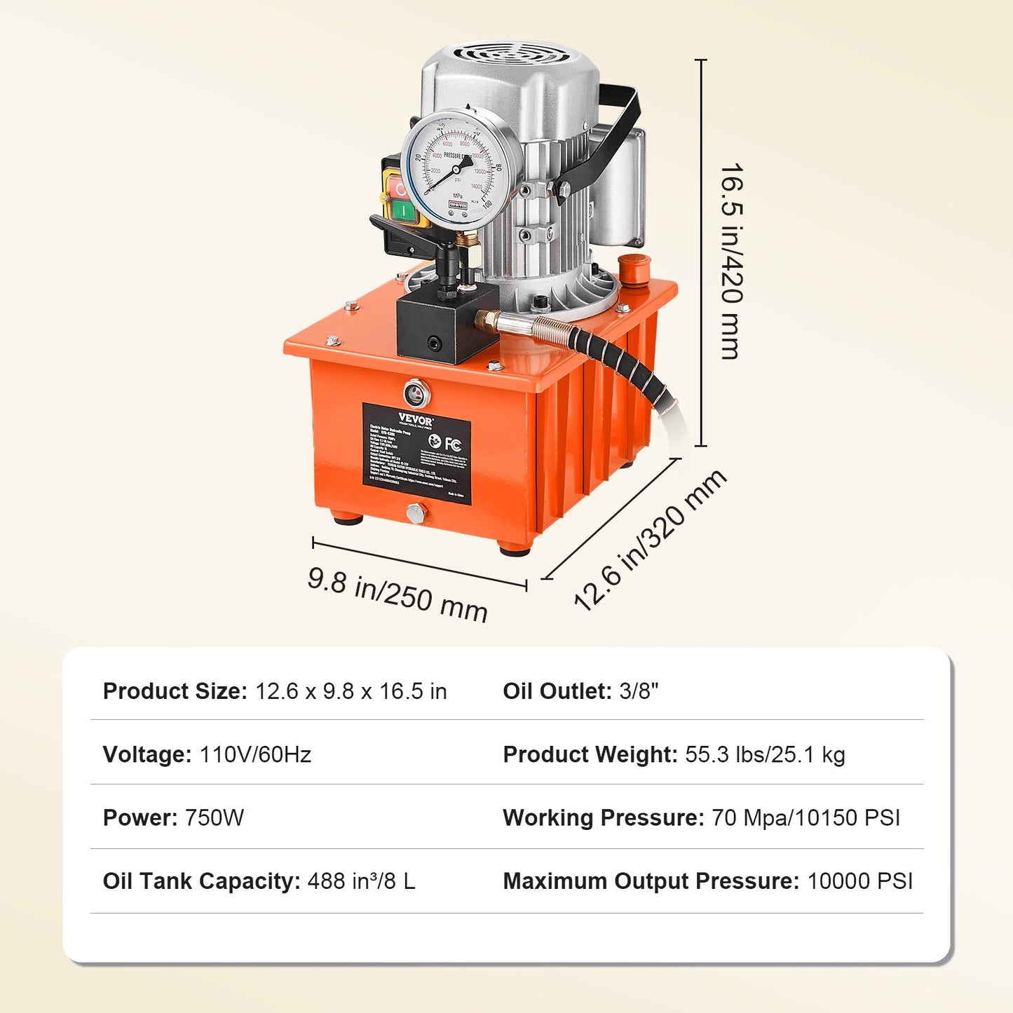 Electric Hydraulic Pump, 10000 PSI 750W 110V, 488 in³/8L Capacity, Single Acting Manual Valve, Electric Driven Hydraulic Pump Power Pack Unit with Lever Switch for Punching/Bending/Jack Machines