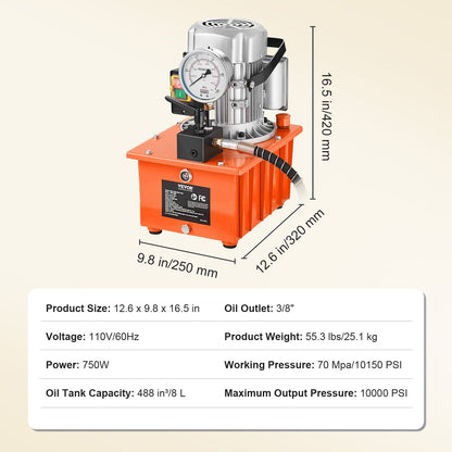 Electric Hydraulic Pump, 10000 PSI 750W 110V, 488 in³/8L Capacity, Single Acting Manual Valve, Electric Driven Hydraulic Pump Power Pack Unit with Lever Switch for Punching/Bending/Jack Machines