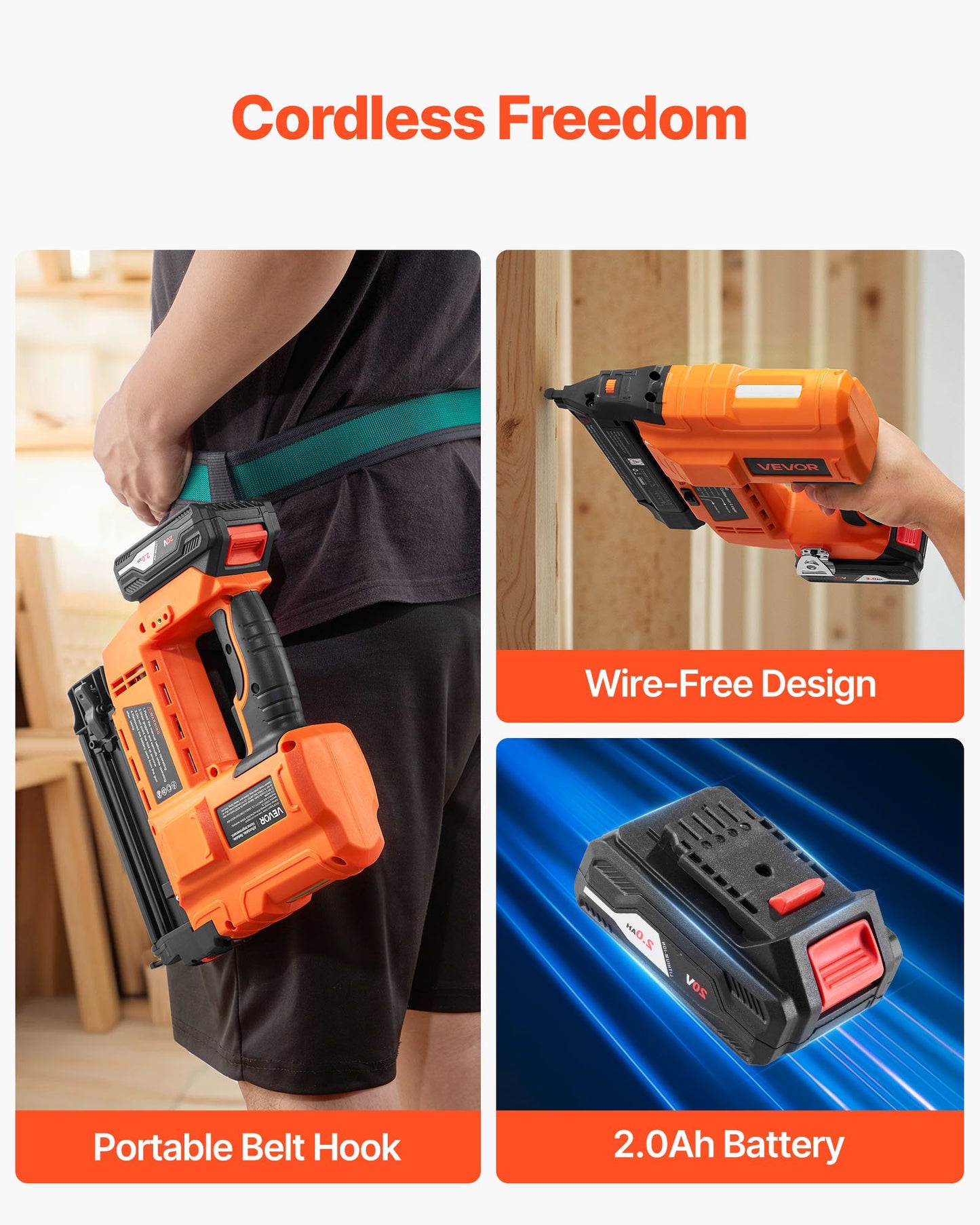 2-in-1 Cordless Brad Nailer, 18 Gauge, 20V Battery Powered Nail Gun and Staple Gun, with 500 pcs Nails, 500 pcs Staples, 2.0 Ah Li-ion Battery and Charger, for Home Improvement, Woodworking