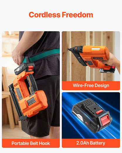 2-in-1 Cordless Brad Nailer, 18 Gauge, 20V Battery Powered Nail Gun and Staple Gun, with 500 pcs Nails, 500 pcs Staples, 2.0 Ah Li-ion Battery and Charger, for Home Improvement, Woodworking