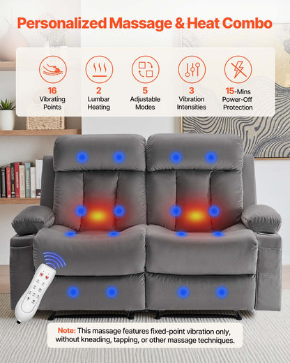 Loveseat Recliner Sofa, Power Reclining Couch with Heating and Massage, Soft Velvet Electric Recliner Sofa with USB Ports, Cup Holders andSideBags, Dual Loveseat Chair for Living Room, Grey