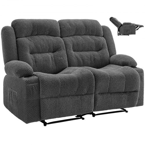 Loveseat Recliner Sofa, Manual Reclining Couch with Heating and Massage, Soft Corduroy Recliner Sofa with USB Ports, Cup Holders and Side Storage Bags, Dual Loveseat Chair for Living Room, Grey