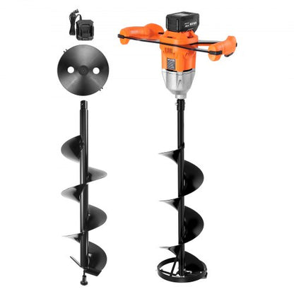 20V Electric Ice Auger, 8 inch Diameter, 2 in 1 Cordless Ice Fishing Augers and Earth Auger with Ices & Earth Drill Bit, Cold-Resistant Post Hole Digger, Turbo High-Speed Cutting System