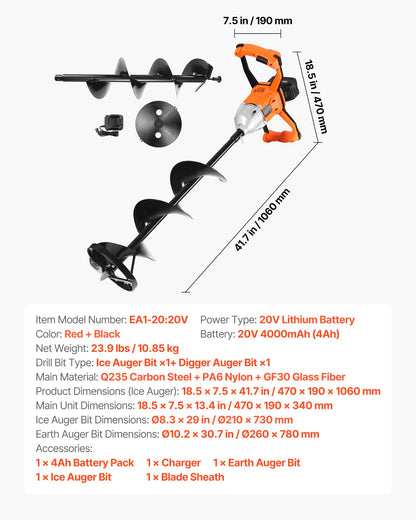 20V Electric Ice Auger, 8 inch Diameter, 2 in 1 Cordless Ice Fishing Augers and Earth Auger with Ices & Earth Drill Bit, Cold-Resistant Post Hole Digger, Turbo High-Speed Cutting System