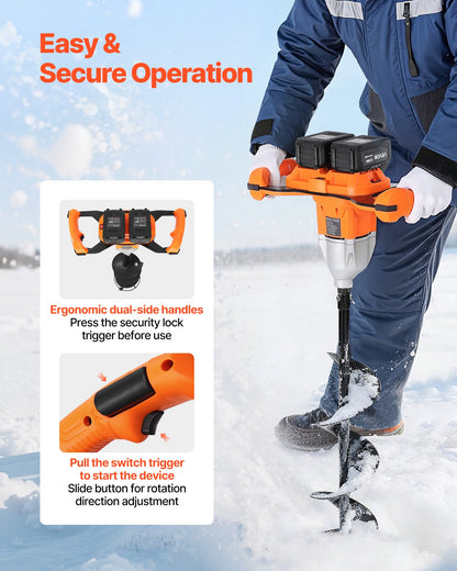 40V Electric Ice Auger, 2 in 1 Cordless Ice Fishing Augers and Earth Auger with 8" Ices & Earth Drill Bit, Cold-Resistant Post Hole Digger, Turbo High-Speed Cutting System