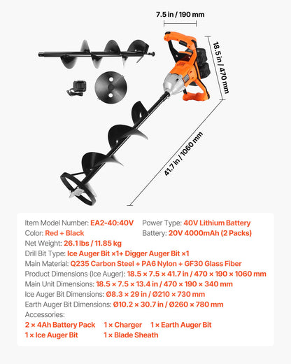 40V Electric Ice Auger, 2 in 1 Cordless Ice Fishing Augers and Earth Auger with 8" Ices & Earth Drill Bit, Cold-Resistant Post Hole Digger, Turbo High-Speed Cutting System