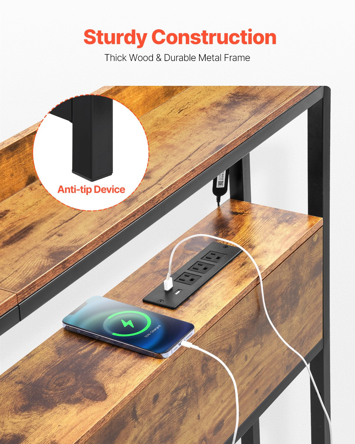 Headboard for Full Size Bed, Adjustable Height Headboard with 2 Shelves Storage, Freestanding Head Board with Charging Station and LED Light for Different Bed Frames, Easy Assembly, Brown