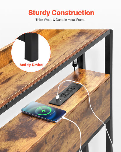 Headboard for Full Size Bed, Adjustable Height Headboard with 2 Shelves Storage, Freestanding Head Board with Charging Station and LED Light for Different Bed Frames, Easy Assembly, Brown