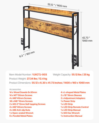 Headboard for Full Size Bed, Adjustable Height Headboard with 2 Shelves Storage, Freestanding Head Board with Charging Station and LED Light for Different Bed Frames, Easy Assembly, Brown