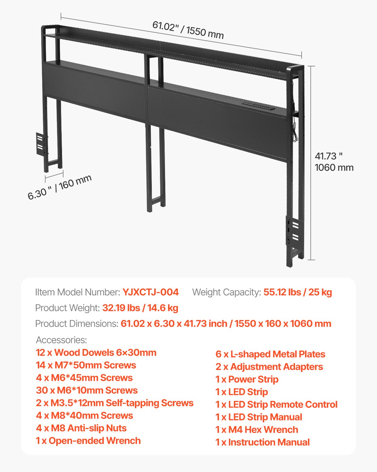 Headboard for Queen Size Bed, Adjustable Height Headboard with 2 Shelves Storage, Freestanding Head Board with Charging Station and LED Light for Different Bed Frames, Easy Assembly, Black