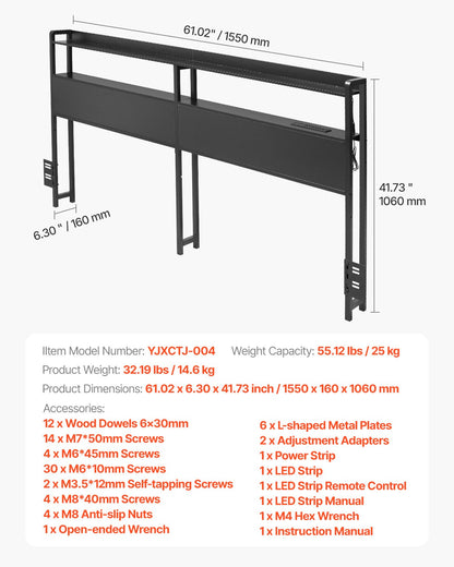 Headboard for Queen Size Bed, Adjustable Height Headboard with 2 Shelves Storage, Freestanding Head Board with Charging Station and LED Light for Different Bed Frames, Easy Assembly, Black