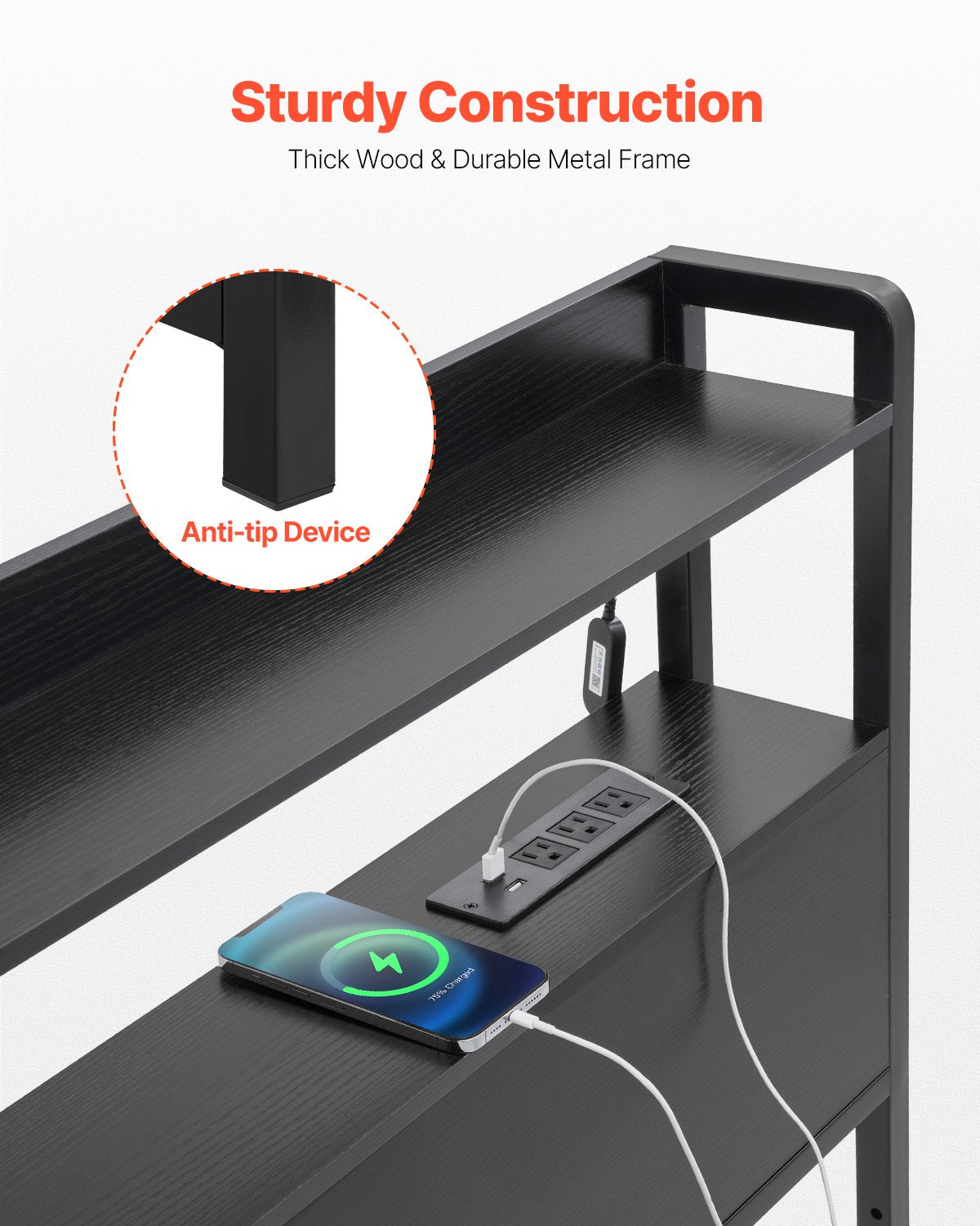 Headboard for King Size Bed, Adjustable Height Headboard with 2 Shelves Storage, Freestanding Head Board with Charging Station and LED Light for Different Bed Frames, Easy Assembly, Black