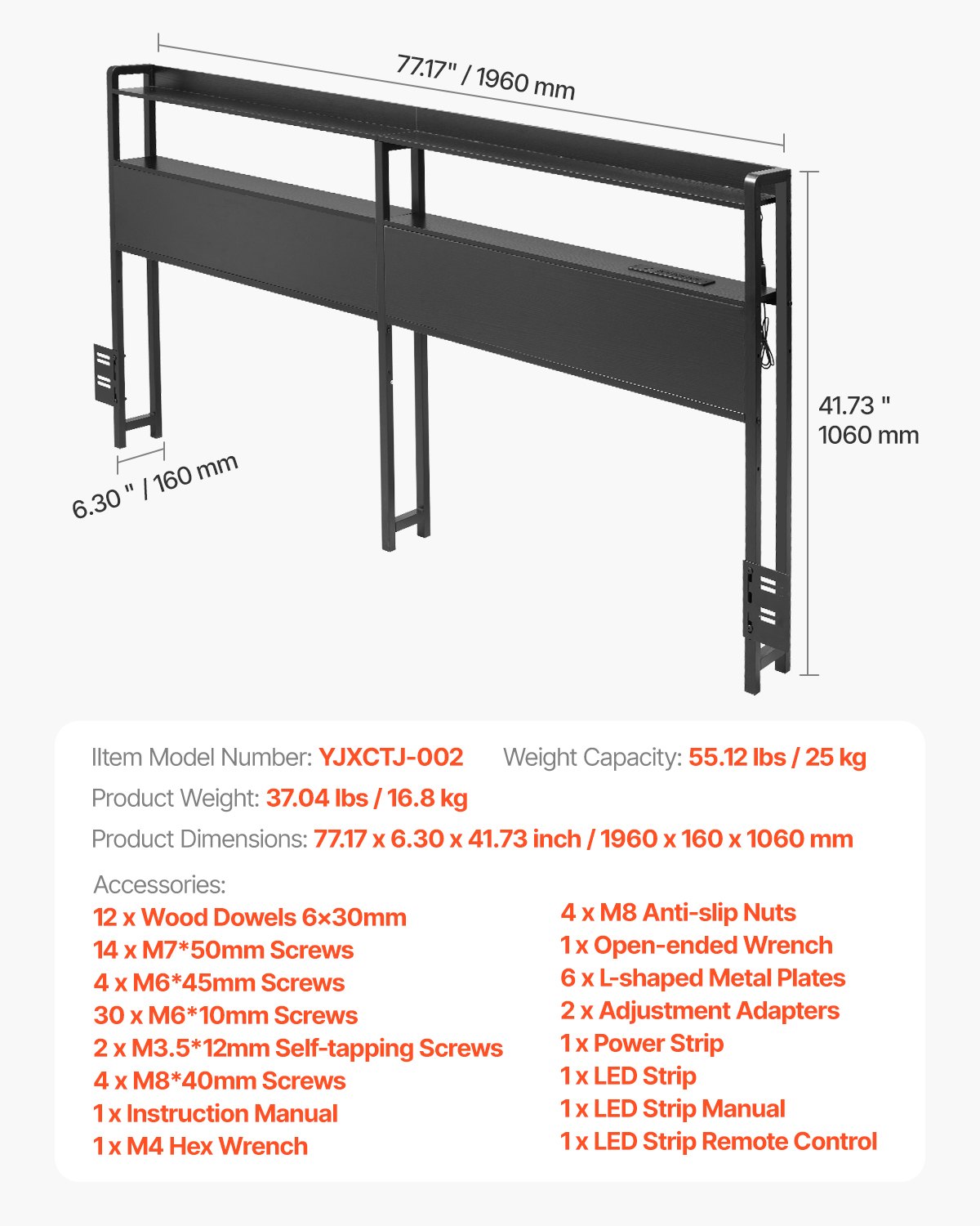 Headboard for King Size Bed, Adjustable Height Headboard with 2 Shelves Storage, Freestanding Head Board with Charging Station and LED Light for Different Bed Frames, Easy Assembly, Black