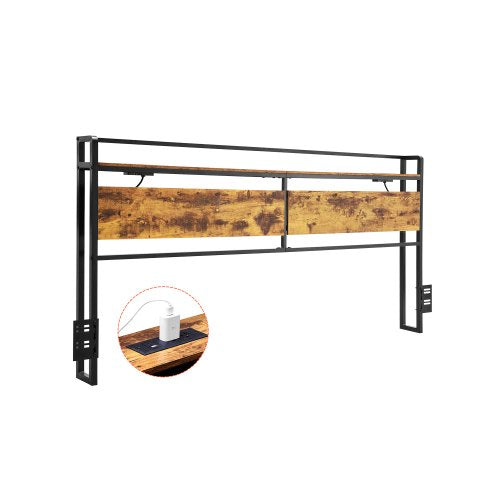 Headboard for King Size Bed, Adjustable Height Headboard with Storage Shelf, King Size Freestanding Head Board with Outlets and USB Port for Different Bed Frames, Easy Assembly, Black and Brown