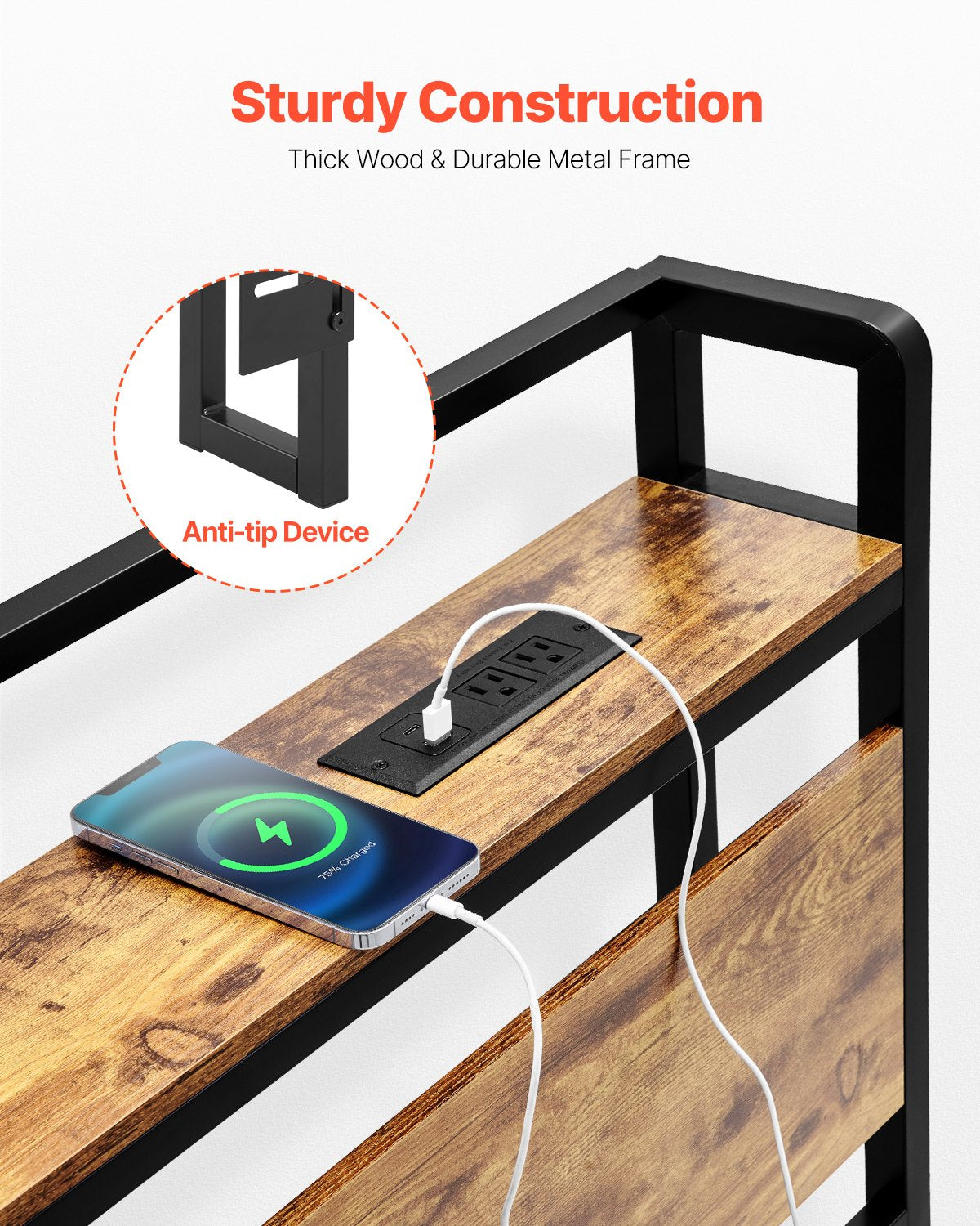 Headboard for King Size Bed, Adjustable Height Headboard with Storage Shelf, King Size Freestanding Head Board with Outlets and USB Port for Different Bed Frames, Easy Assembly, Black and Brown