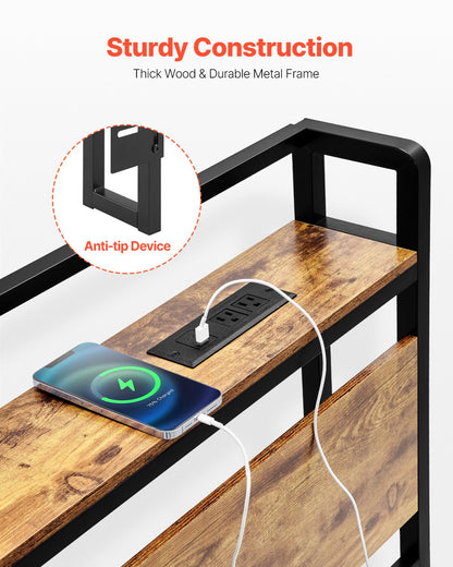 Headboard for King Size Bed, Adjustable Height Headboard with Storage Shelf, King Size Freestanding Head Board with Outlets and USB Port for Different Bed Frames, Easy Assembly, Black and Brown