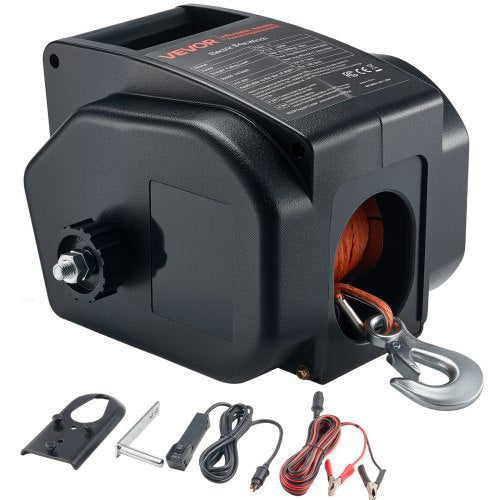 Electric Boat Winch, 12V DC 300W, Reversible Electric Trailer Winch for Boats Up to 2000 lbs, Power-in, Power-Out, and Freewheel Operations for Boats with Wired Remote Control & Hand Crank