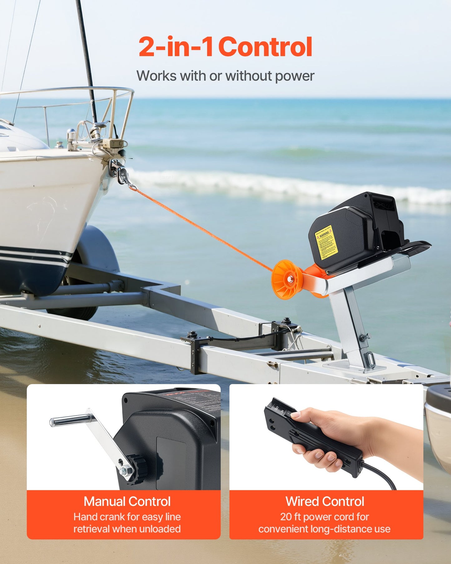Electric Boat Winch, 12V DC 300W, Reversible Electric Trailer Winch for Boats Up to 2000 lbs, Power-in, Power-Out, and Freewheel Operations for Boats with Wired Remote Control & Hand Crank