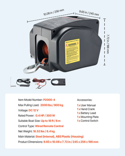 Electric Boat Winch, 12V DC 300W, Reversible Electric Trailer Winch for Boats Up to 2000 lbs, Power-in, Power-Out, and Freewheel Operations for Boats with Wired Remote Control & Hand Crank