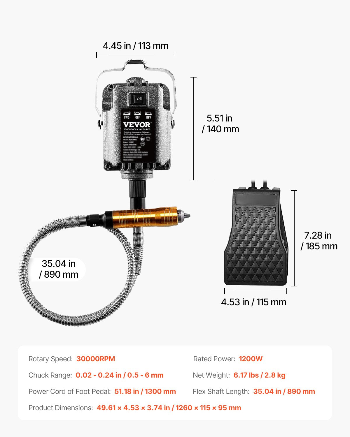 Flex Shaft Grinder 1200W 30000RPM with foot pedal and 31 accessories