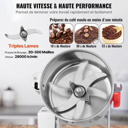 1000g Electric Grain Mill Grinder, High Speed 3000W Commercial Spice Grinders, Stainless Steel Pulverizer Powder Machine, for Dry Grains Spices Cereals Coffee Corn Pepper, Swing Type