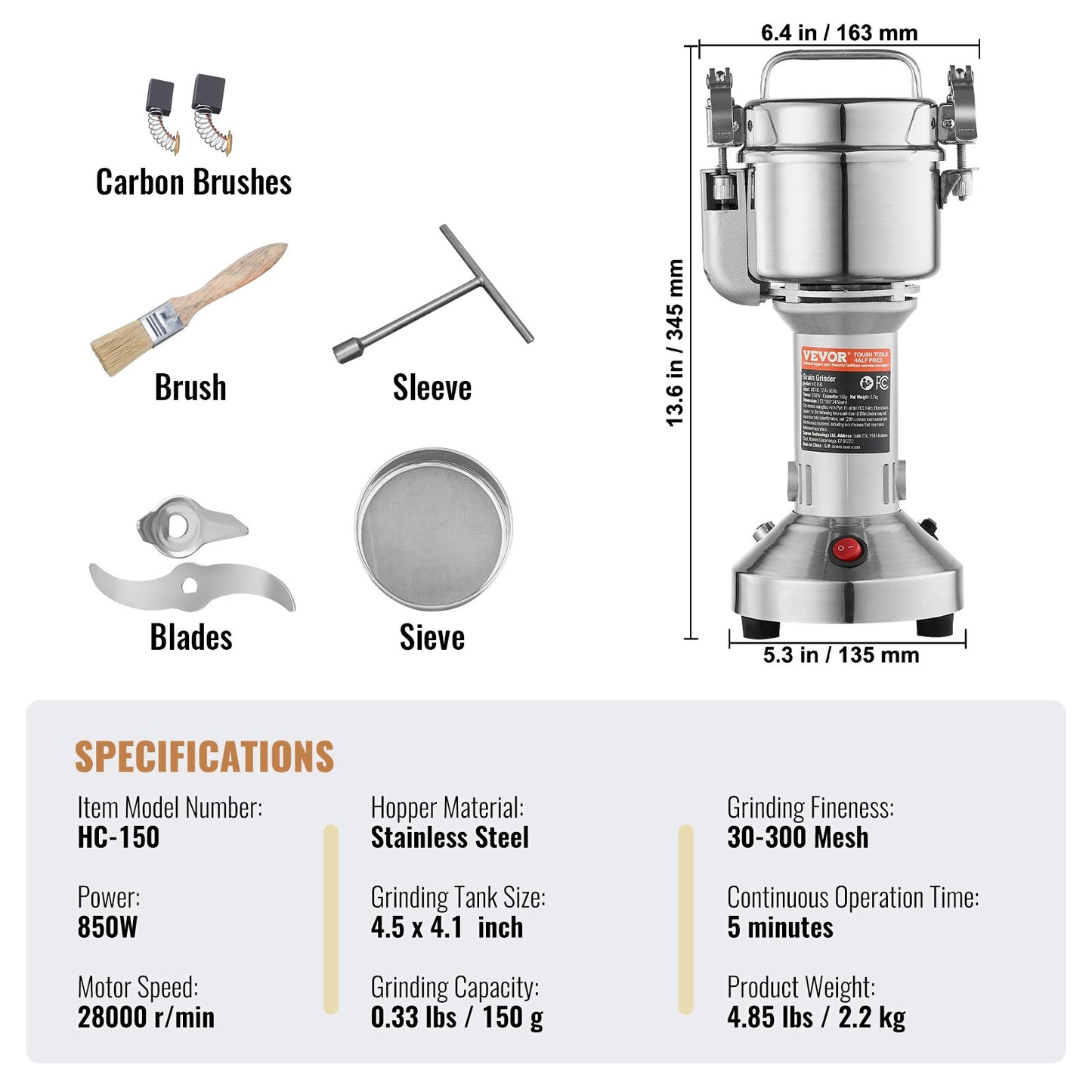 150g Electric Grain Mill Grinder, High Speed 850W Commercial Spice Grinders, Stainless Steel Pulverizer Powder Machine, for Dry Grains Spices Cereals Coffee Corn Pepper, Straight Type
