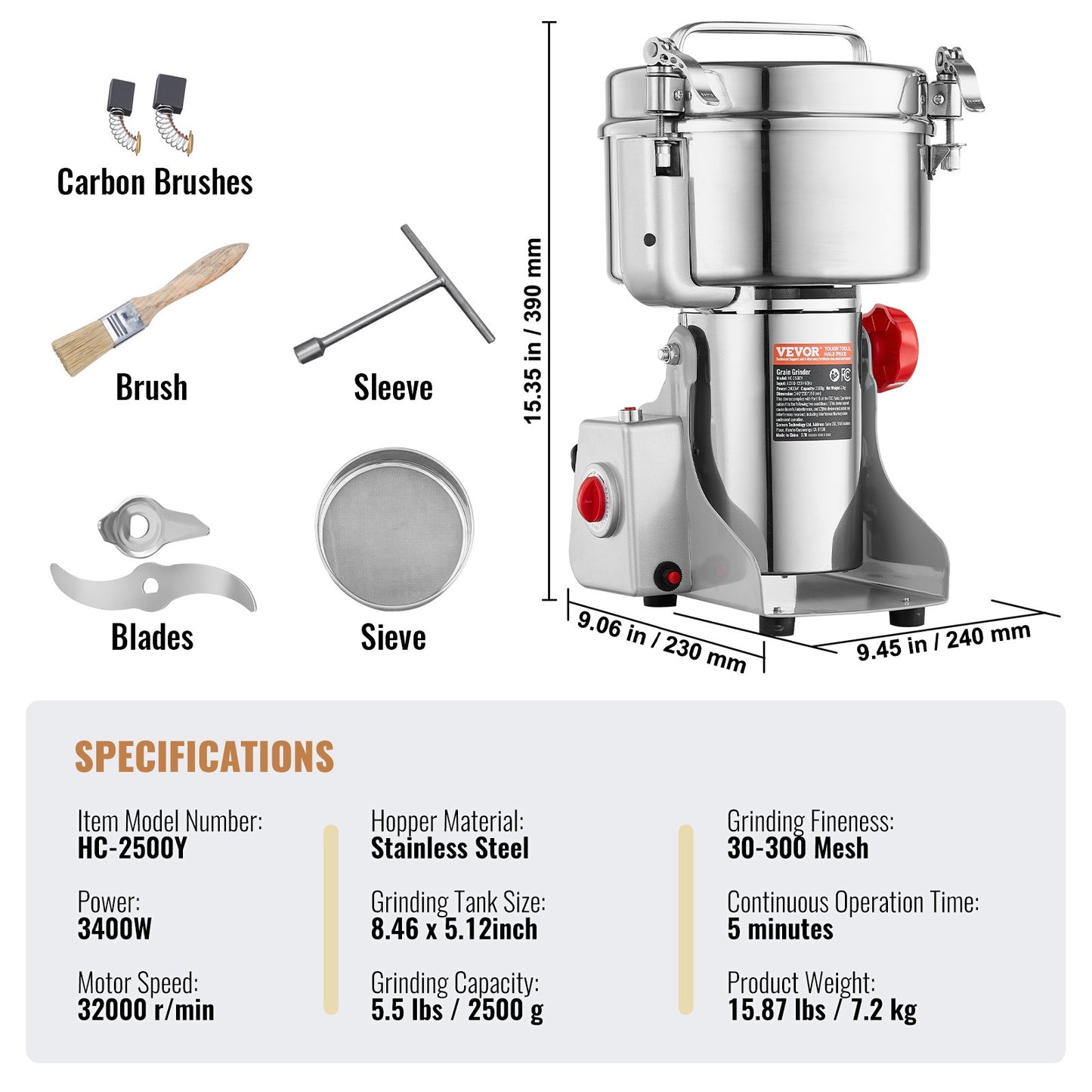2500g Electric Grain Mill Grinder, High Speed 3400W Commercial Spice Grinders, Stainless Steel Pulverizer Powder Machine, for Dry Grains Spices Cereals Coffee Corn Pepper, Swing Type