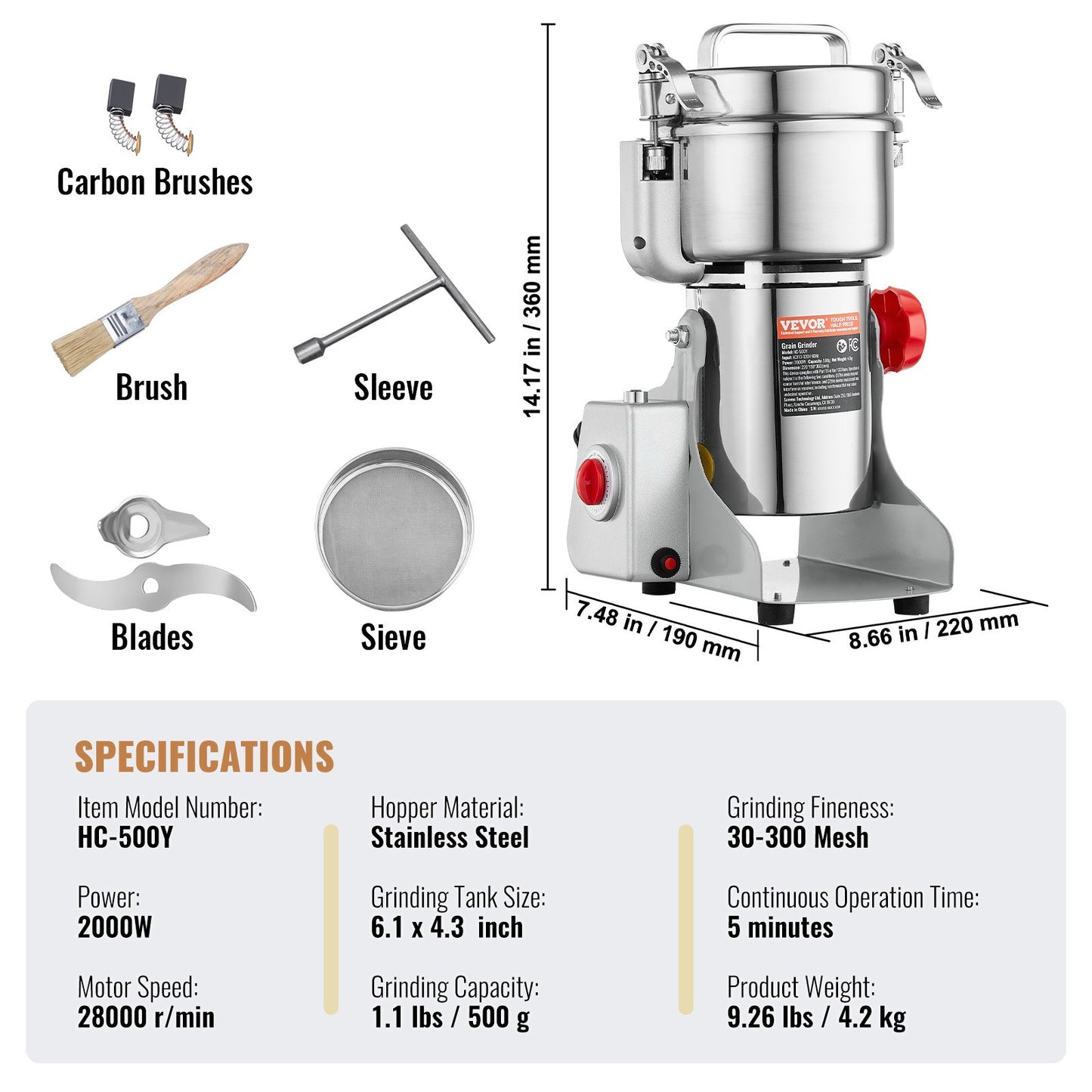 500g Commercial Spice Grinder Electric Grain Grinder High Speed Grinder