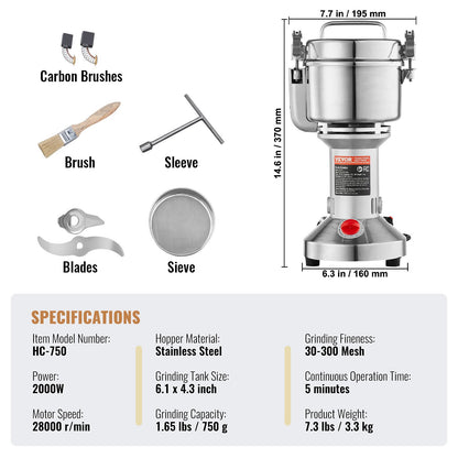750g Electric Grain Mill Grinder, High Speed 2000W Commercial Spice Grinders, Stainless Steel Pulverizer Powder Machine, for Dry Grains Spices Cereals Coffee Corn Pepper, Straight Type
