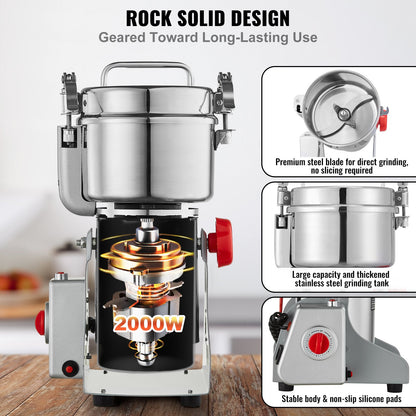 750g Electric Grain Mill Grinder, High Speed 2000W Commercial Spice Grinders, Stainless Steel Pulverizer Powder Machine, for Dry Grains Spices Cereals Coffee Corn Pepper, Swing Type