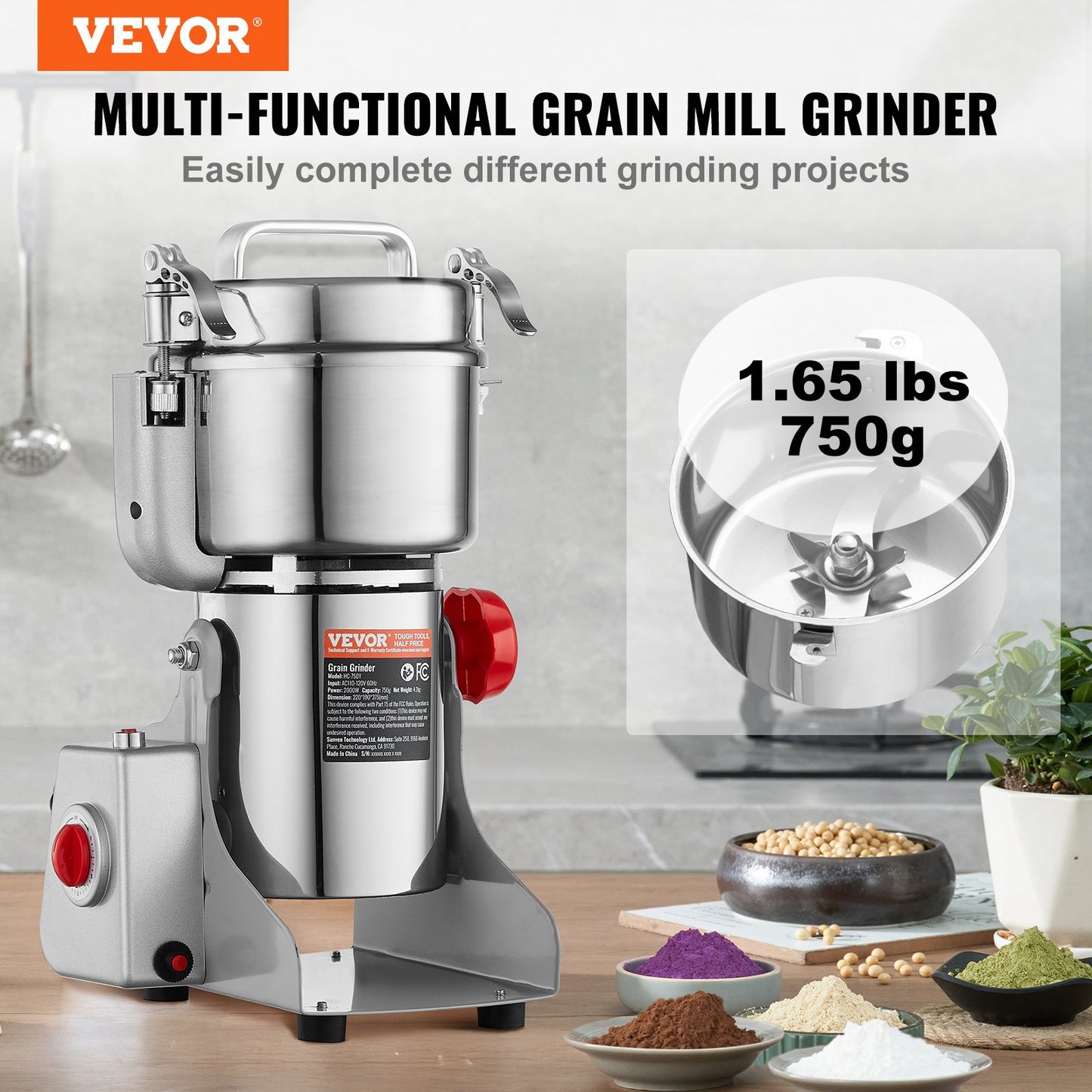 750g Commercial Spice Grinder Electric Grain Grinder High Speed Grinder