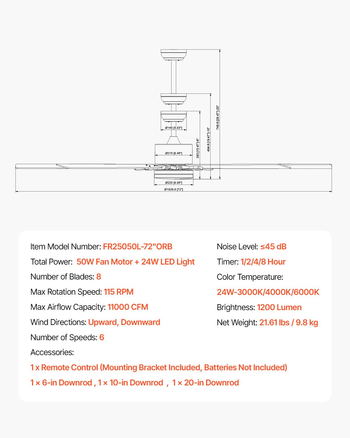 72 In Ceiling Fan with Light, 6-Speed Remote Control, Dimmable 3-Color Temperature, Reversible DC Motor, Modern Low Profile Flush Mount Fan for Bedroom, Living Room, Indoor/Outdoor Use, Coffee