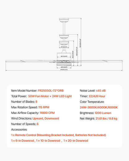 72 In Ceiling Fan with Light, 6-Speed Remote Control, Dimmable 3-Color Temperature, Reversible DC Motor, Modern Low Profile Flush Mount Fan for Bedroom, Living Room, Indoor/Outdoor Use, Coffee
