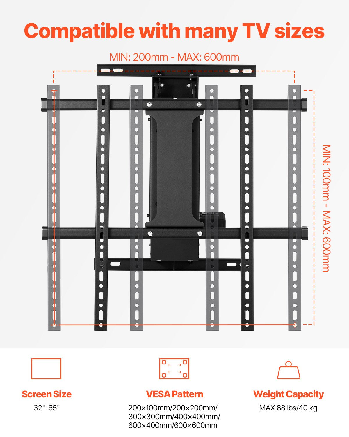 Motorisierte TV-Wandhalterung, 32-65 Zoll, elektrischer Kamin, TV-Wandhalterung, Schwarz