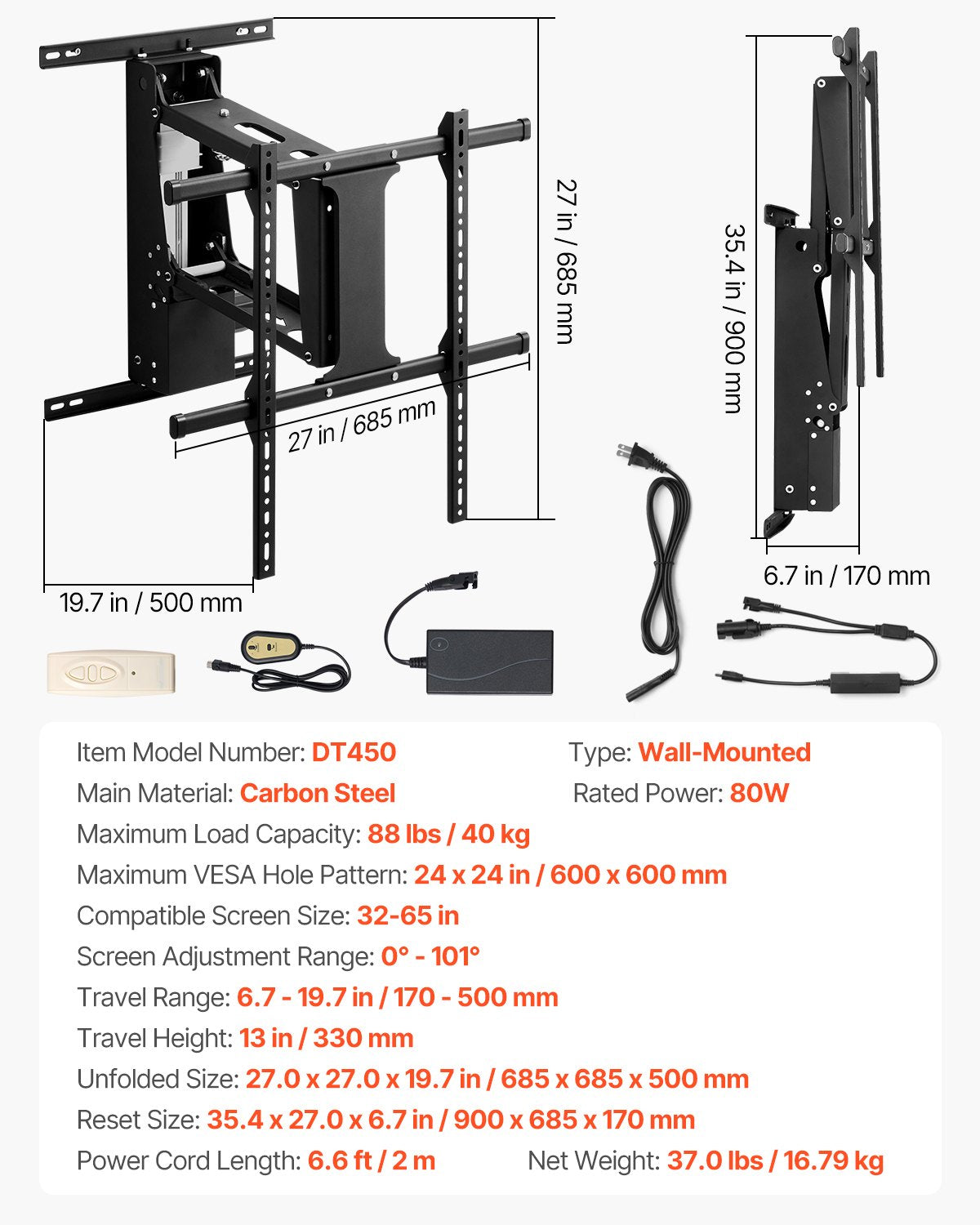 Motorisierte TV-Wandhalterung, 32-65 Zoll, elektrischer Kamin, TV-Wandhalterung, Schwarz