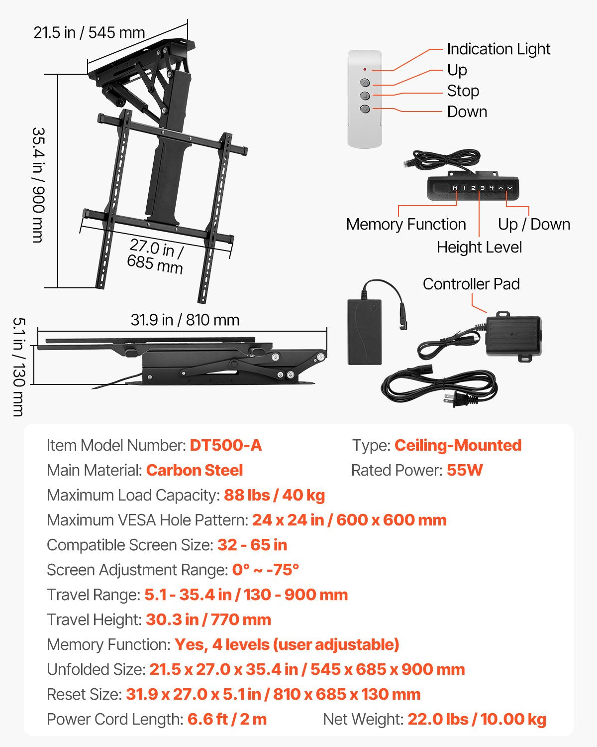 Motorized Ceiling TV Mount Electric Flip Down TV Mount för 32-65 in skärm