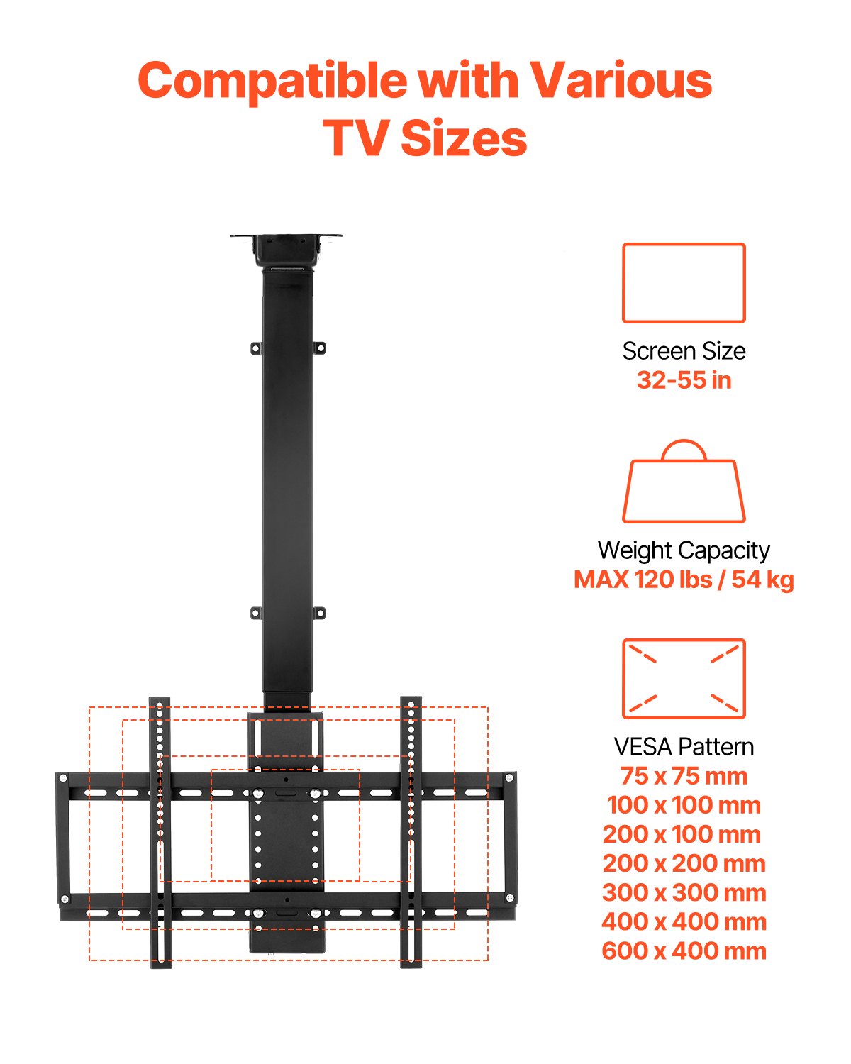 Motorized Ceiling TV Mount, TV Wall Mount for 32 to 55 Inch TV, Electric Adjustable Ceiling TV Mount, Motorized Flip Down TV Mount Bracket with Max VESA 24 x 16 in, Fits TVs Up to 120 lbs