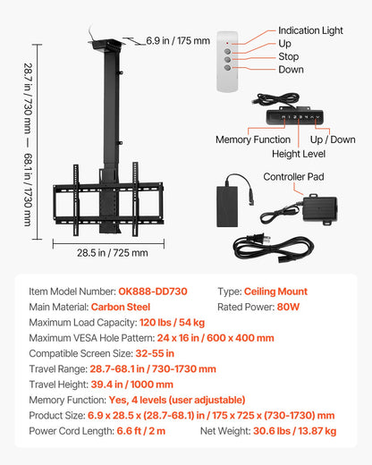 Motorized Ceiling TV Mount, TV Wall Mount for 32 to 55 Inch TV, Electric Adjustable Ceiling TV Mount, Motorized Flip Down TV Mount Bracket with Max VESA 24 x 16 in, Fits TVs Up to 120 lbs